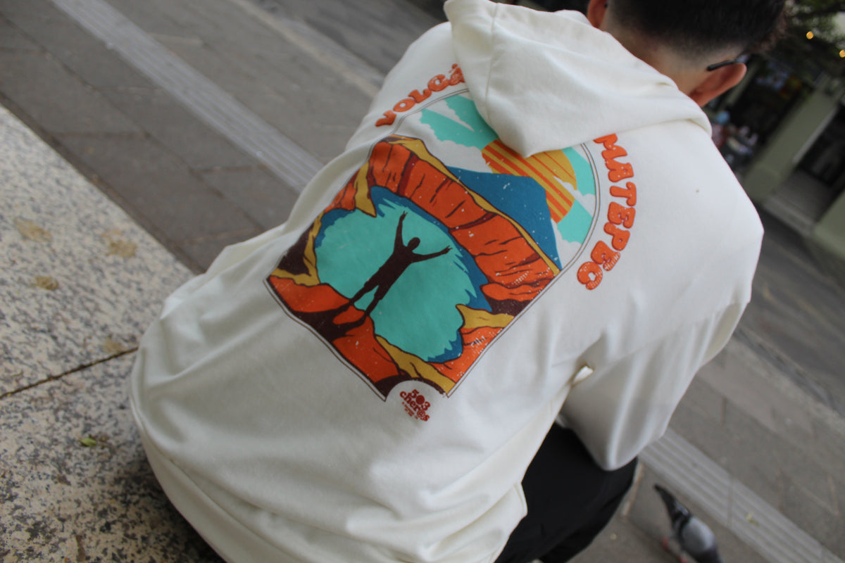 Back of Hoodie Volcán Ilamatepec showing vibrant volcano crater graphic