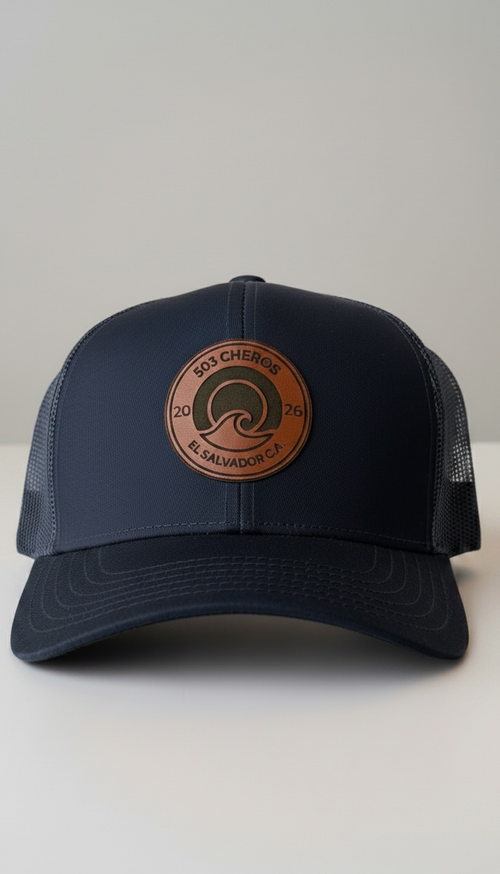 503Cher@s Trucker Hat in Navy with genuine leather logo patch - product shot