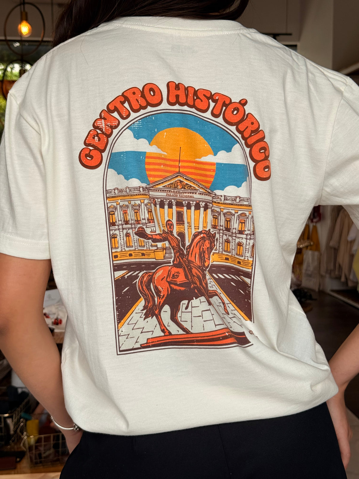 Close-up of Centro Histórico graphic on the back of the tee