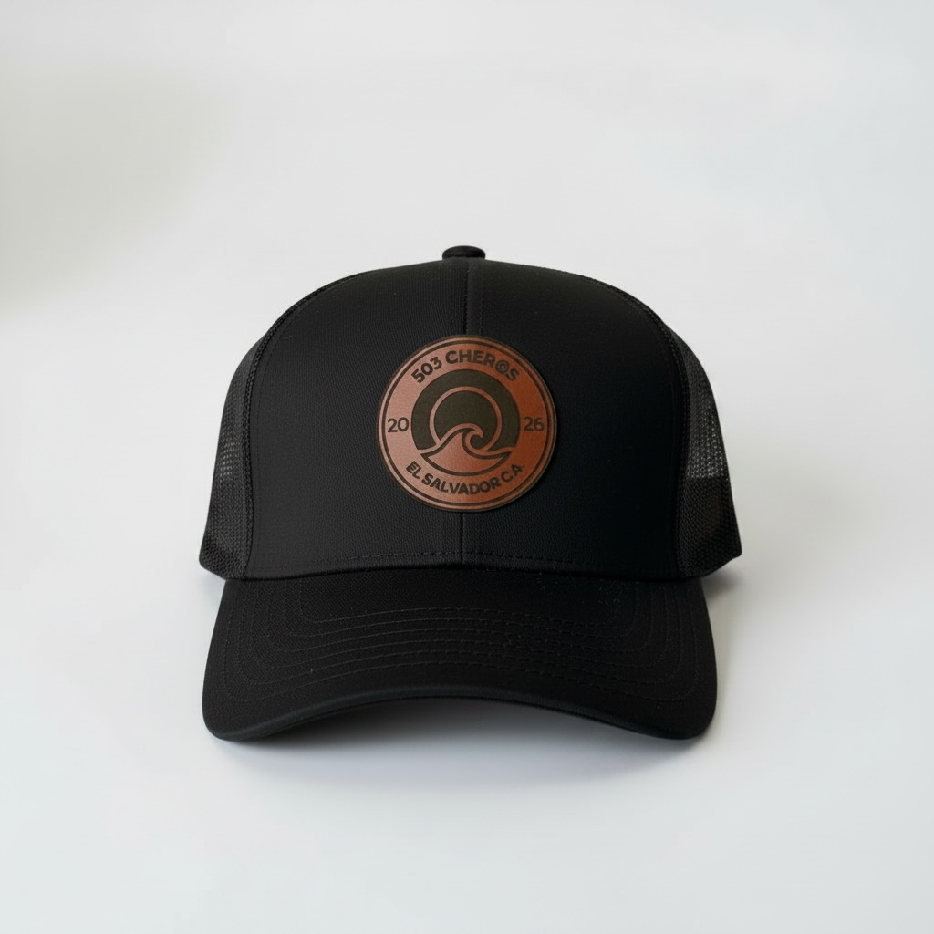 503Cher@s Trucker Hat in Black with genuine leather logo patch - product shot