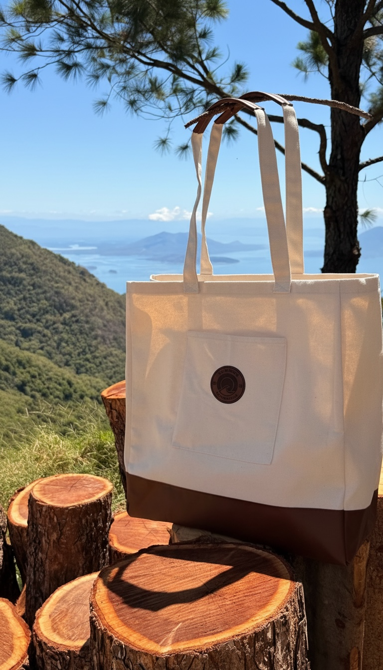 503Cher@s Large Tote Bag on tree stumps with mountain and lake view in El Salvador