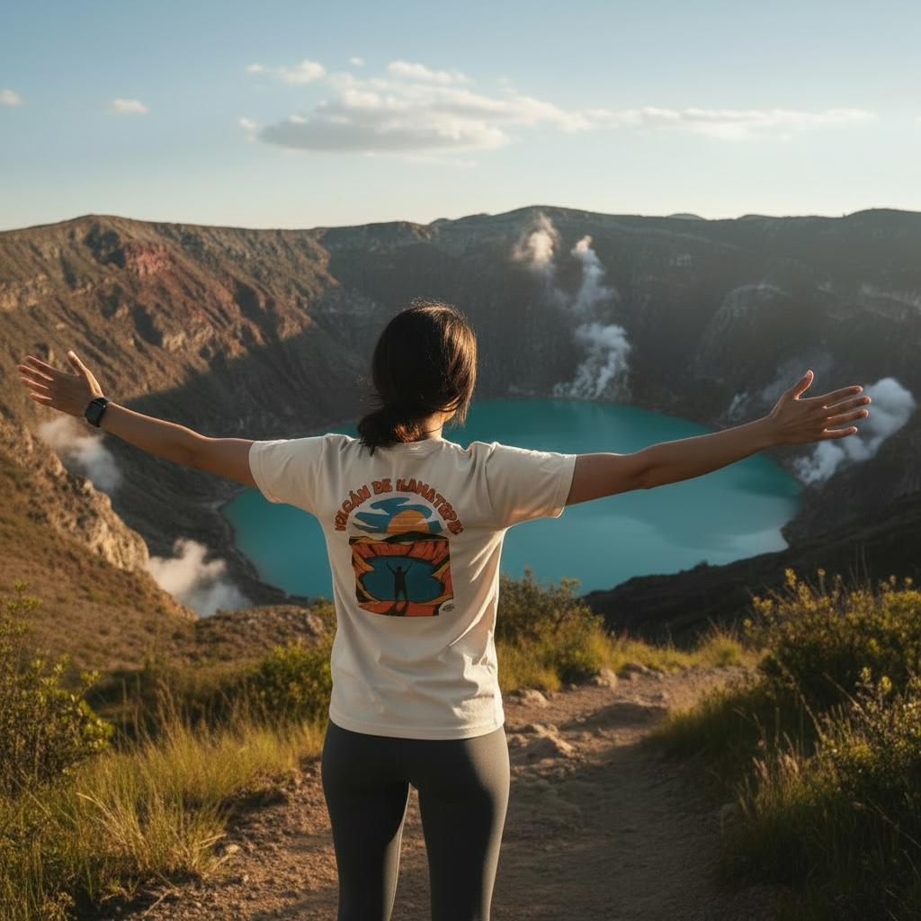 Woman wearing T-Shirt Volcán Ilamatepec at the volcano crater