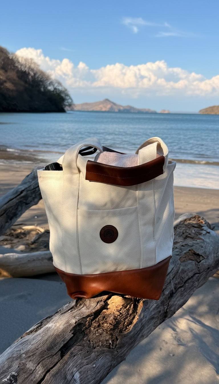 503Cher@s Small Tote Bag on driftwood at the beach with ocean in the background